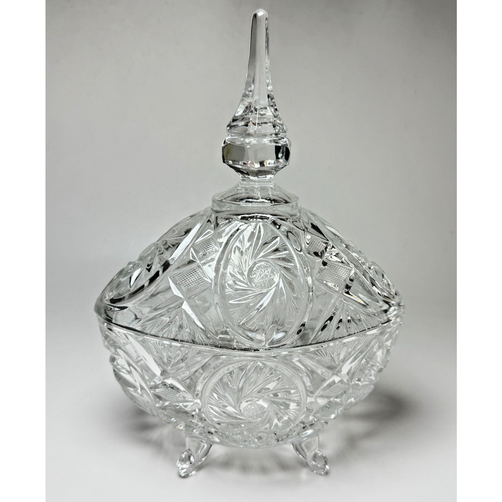 Vtg Lead Crystal Anna Hutte Egg Shaped Candy Dish Pinwheel Steeple Lid Footed